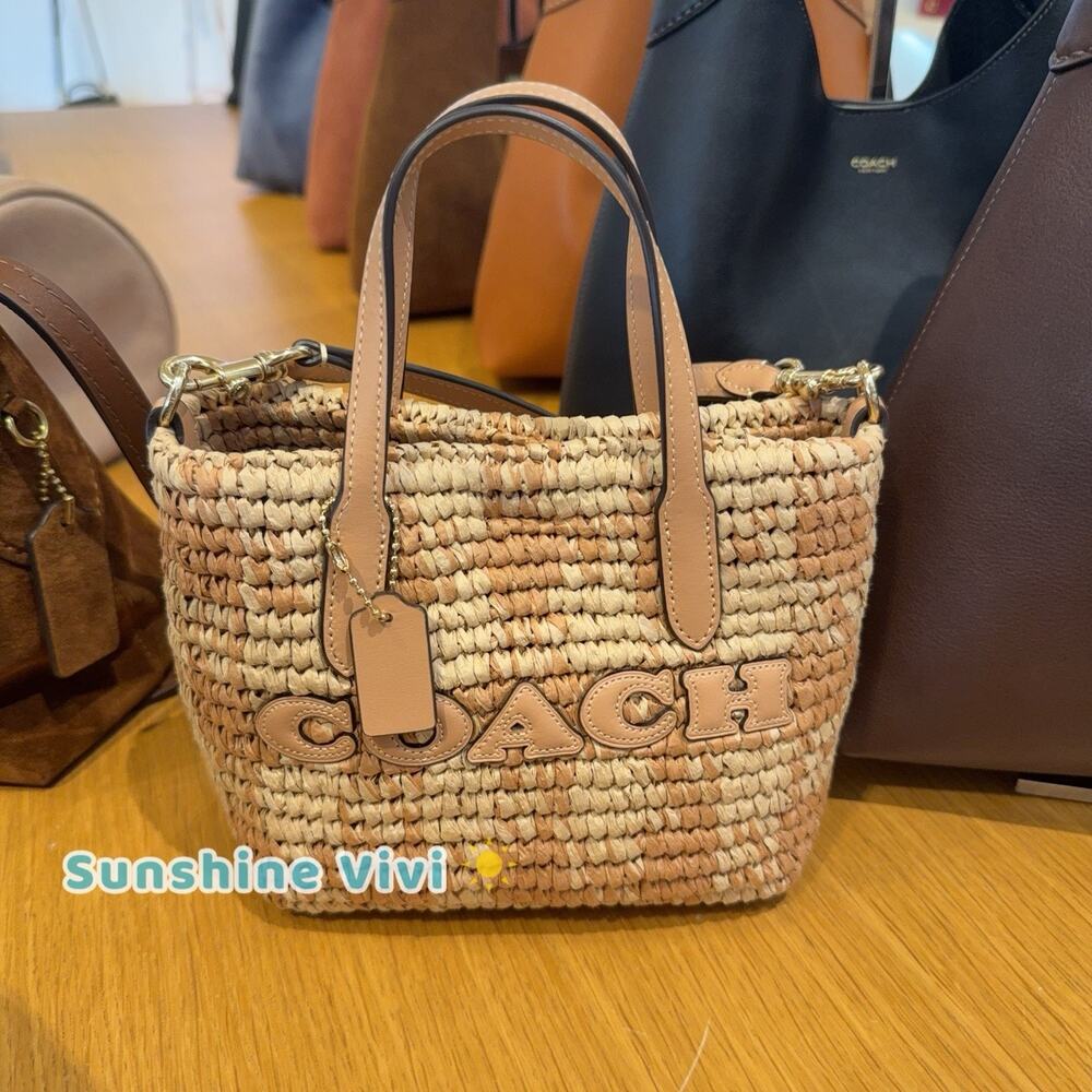 NWT Coach City Mini Tote Bag With Gingham Print CEU31 straw/Gold/Tan